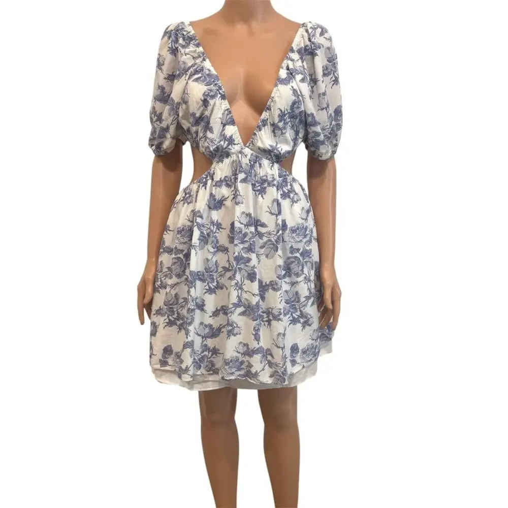 Bardot 8 L Eden floral v front open back puff sleeve mini dress D4 3320 - Picture 10 of 10